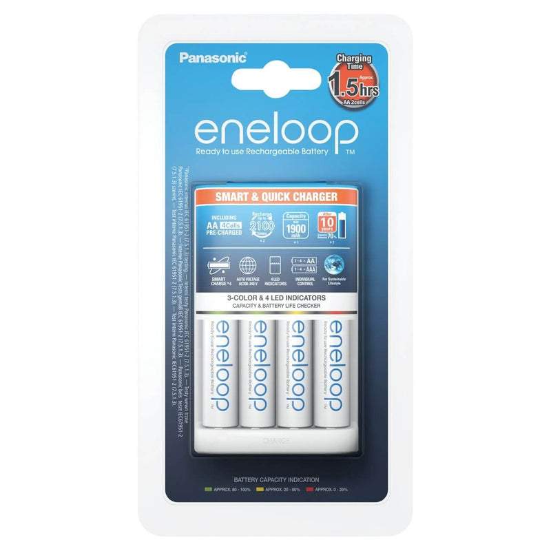 Panasonic Eneloop BQ-CC55 Charger with UK 3-Pin Plug and 4 AA x 1900 mAh Rechargeable Batteries White K-KJ51MCC40U