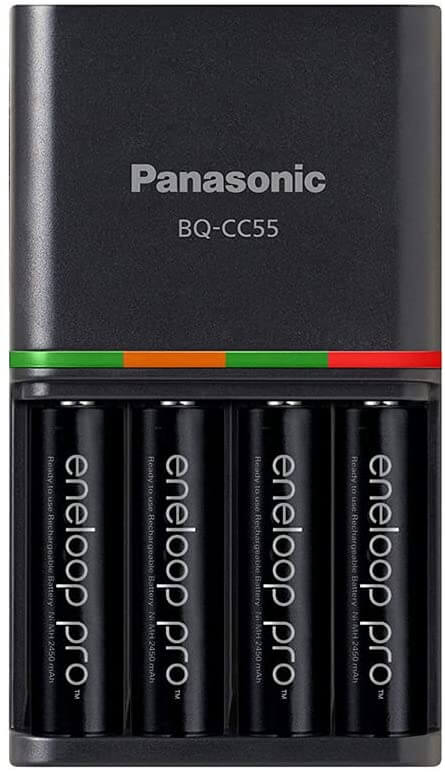 Panasonic Eneloop Pro BQ-CC55 Charger with UK 3-Pin Plug and 4 AA x 2500 mAh Rechargeable Batteries Black K-KJ55HCD40U