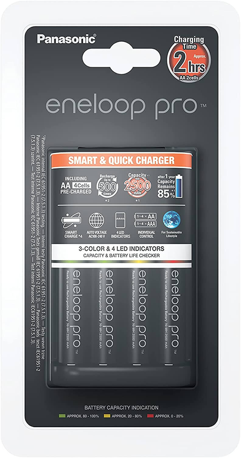 Panasonic Eneloop Pro BQ-CC55 Charger with UK 3-Pin Plug and 4 AA x 2500 mAh Rechargeable Batteries Black K-KJ55HCD40U
